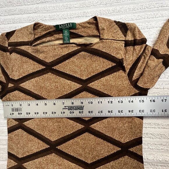 Lauren Ralph Lauren Petite Womens Geometric Print Knit Top PM Brown/Tan Stretch - Picture 6 of 7
